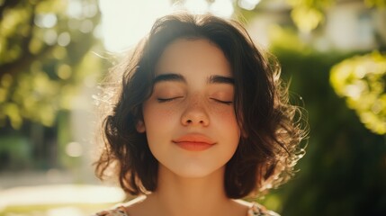 Fototapeta premium Serene young woman with closed eyes, enjoying sunlight and expressing peacefulness in a natural setting