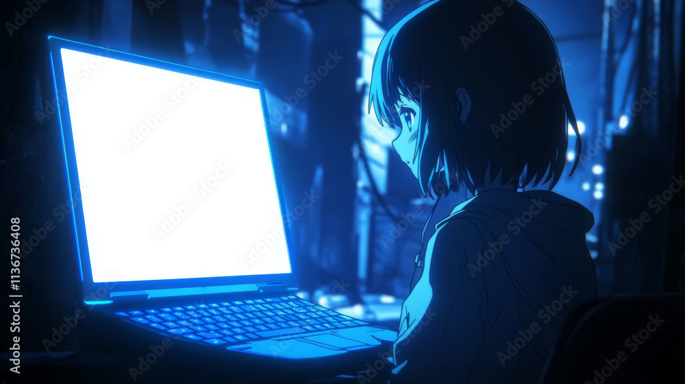 Poster laptop computer with blue backlit keyboard and blank screen front and angle view. vector realistic m
