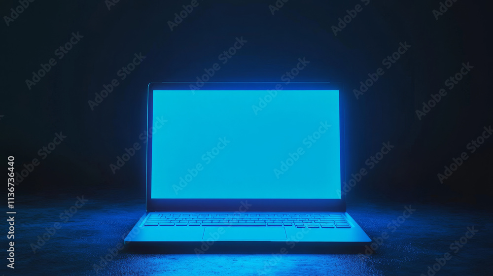 Poster laptop computer with blue backlit keyboard and blank screen front and angle view. vector realistic m