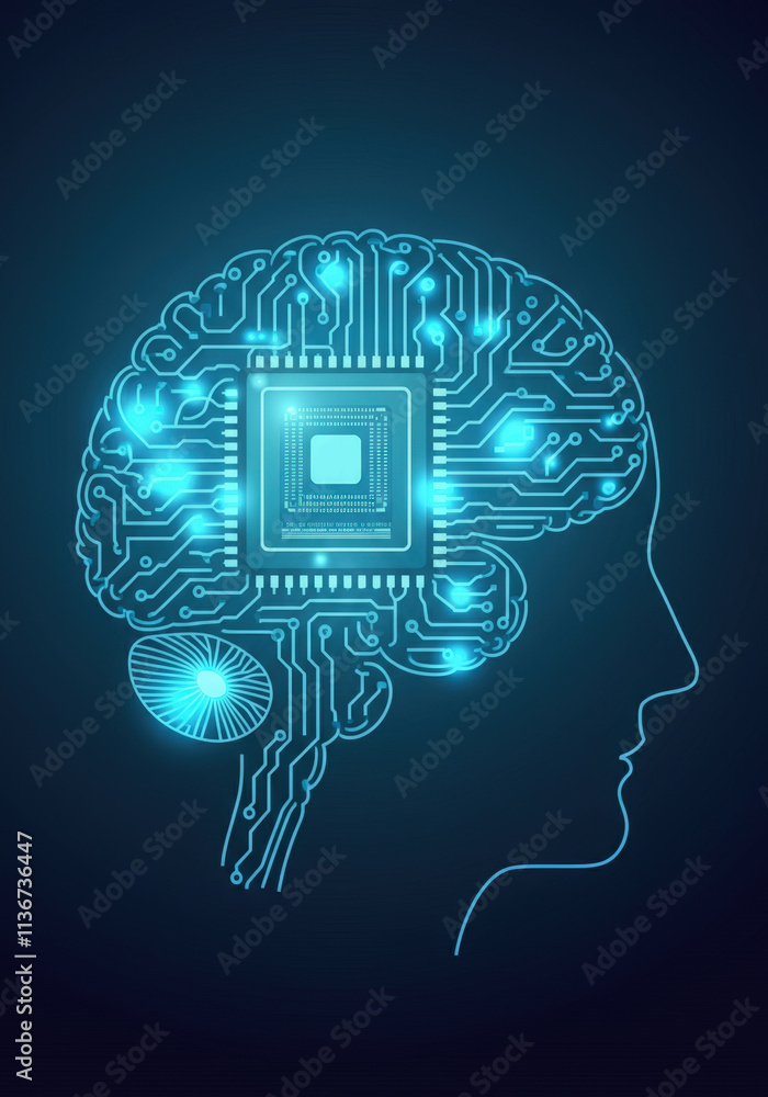 Poster human brain with a microchip, symbolizing artificial intelligence integration