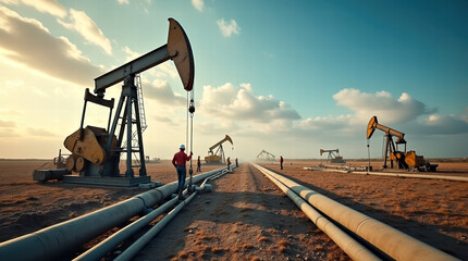 Oil Workers In Oilfield With Pumpjacks and Pipelines Working Under Sky Desert Landscape Background