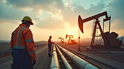 Oil Field Workers  with Pumpjacks and Pipelines in Sunset Glow Desert Background