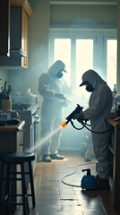 Pest Control Workers  Spraying Kitchen