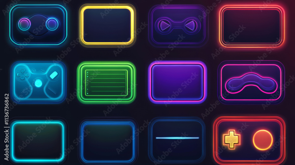 Poster set of game frames, bars and menu buttons cartoon interface elements. empty borders with banners, ui