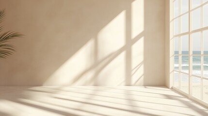 Window with view of beach and sea. Beige empty room interior. Mansard with overlay shadow from sunlight on floor. Stone modern hotel design.