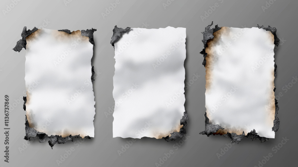 Poster white paper notes in fire, square and rectangular blank pages with burning angles and smoldering edg