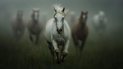 A white horse charges through a misty landscape, surrounded by a group of galloping brown horses, creating a dynamic scene.