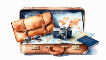 Open suitcase displays maps, a vintage camera, sunglasses, and a model airplane, evoking a sense of wanderlust and anticipation for an exciting journey.