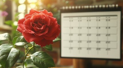 Red rose flower blooming with green leaves near blurred calendar on wooden table, perfect for planning, reminders, spring season, romantic occasions, bright natural light, warm cozy atmosphere