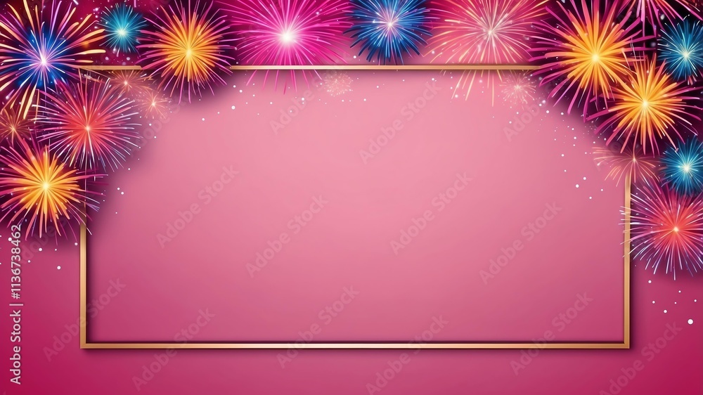 Wall mural pink background with border frame of colorful fireworks