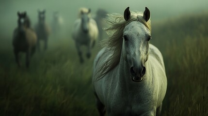 A majestic white horse leads a group through the misty field, showcasing the beauty and grace of nature.