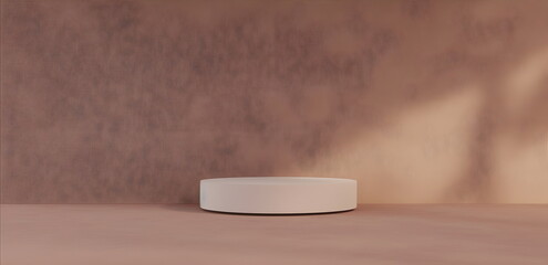 Realistic cylindrical podium. Minimal stage on wall background. Stage showcase, product mockup. Color of the year 2025 mocha mousse.	