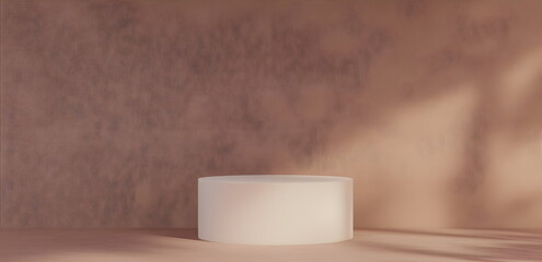 Realistic cylindrical podium. Minimal stage on wall background. Stage showcase, product mockup. Color of the year 2025 mocha mousse.	