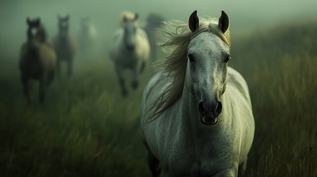 A majestic white horse leads a group through the misty field, showcasing the beauty and grace of nature.