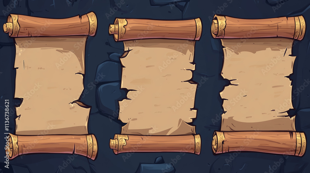 Poster parchment scroll for game ui design. cartoon vector illustration set of rolled empty old papyrus fra