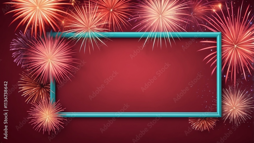 Wall mural pastel red background with border frame of colorful fireworks