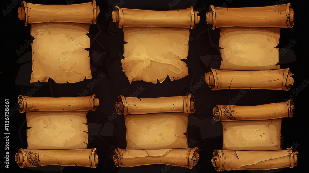Poster parchment scroll for game ui design. cartoon vector illustration set of rolled empty old papyrus fra