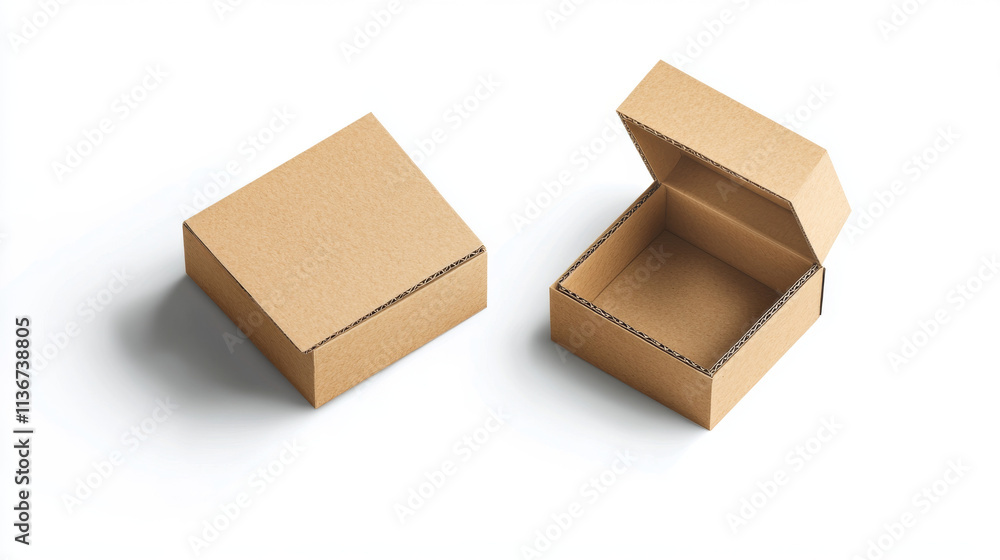 Poster empty cardboard boxes, brown carton package in front, angle and top view. vector realistic mockup of