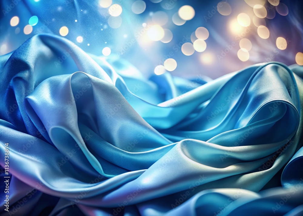 Poster wind-blown layers of silk and satin with dull azure blue gradients captured in a bokeh effect for a 