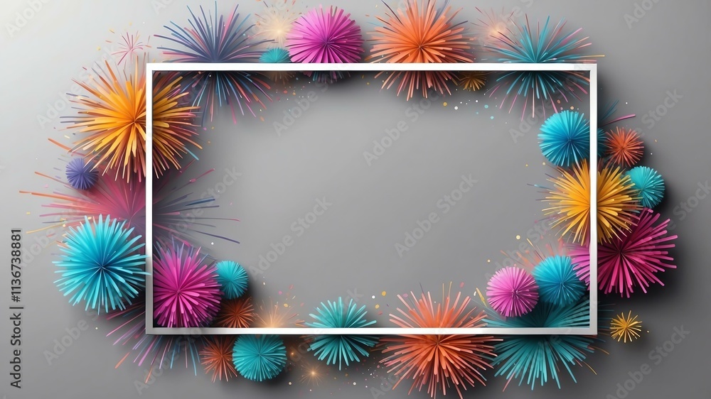 Wall mural pastel gray background with border frame of colorful fireworks