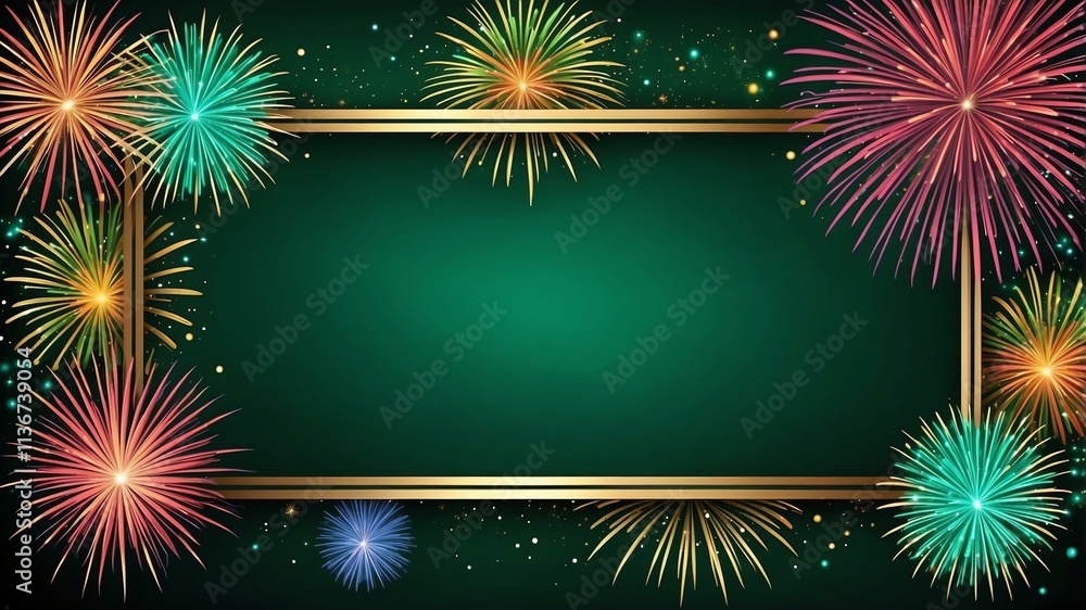Wall mural green background with border frame of colorful fireworks