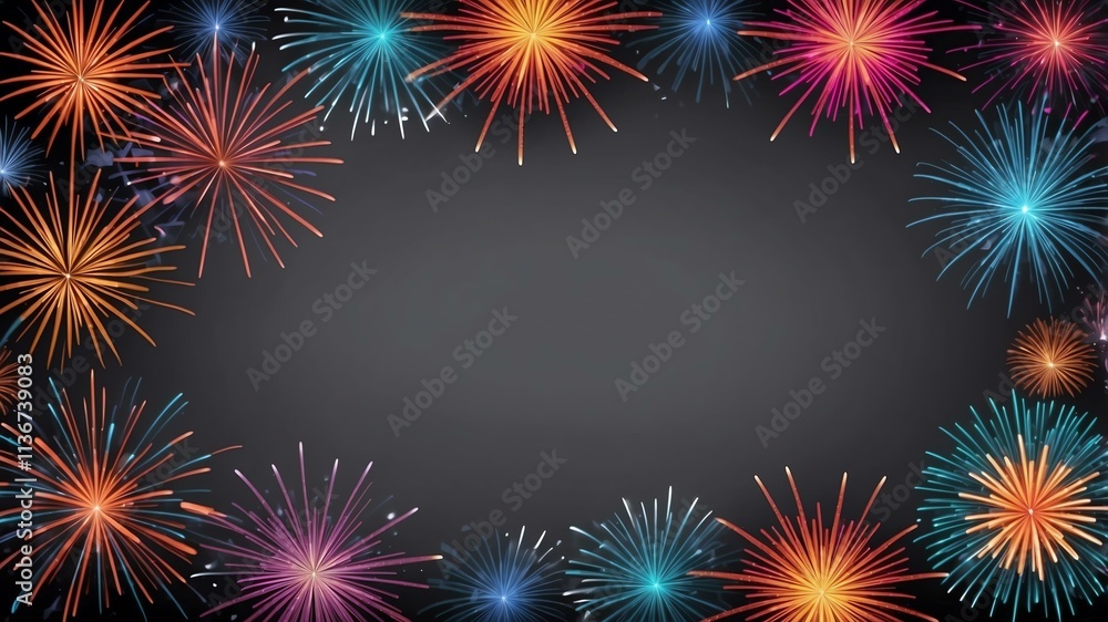 Wall mural gray background with border frame of colorful fireworks