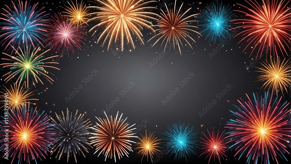 Wall mural gray background with border frame of colorful fireworks