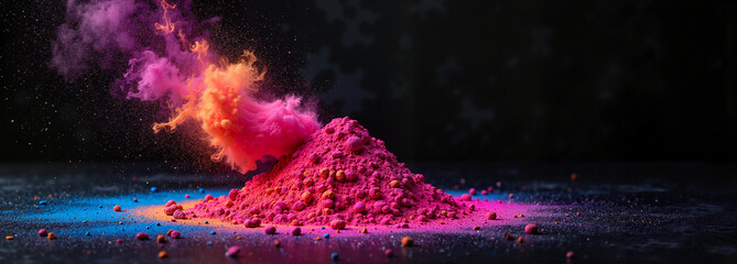 Artistic Holi powder mound glowing against a dark background