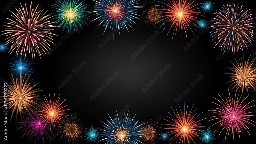 Wall mural black background with border frame of colorful fireworks