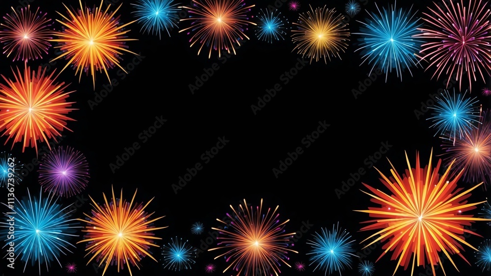 Wall mural black background with border frame of colorful fireworks