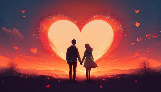 Ilustraci&oacute;n para el d&iacute;a de San Valent&iacute;n de unos enamorados cogida de la mano y coraz&oacute;n grande en el horizonte con atardecer