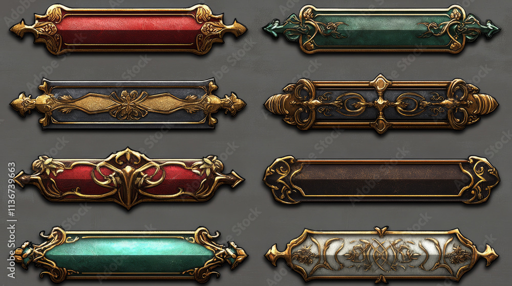 Poster pink medieval game buttons, user interface menu elements. oblong ui banners with ornate rims and gol