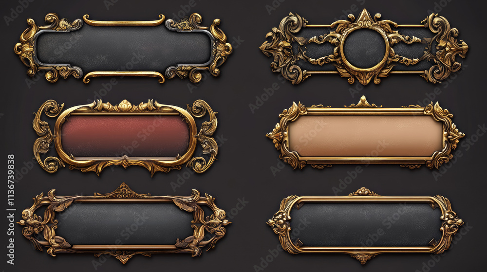 Poster pink medieval game buttons, user interface menu elements. oblong ui banners with ornate rims and gol