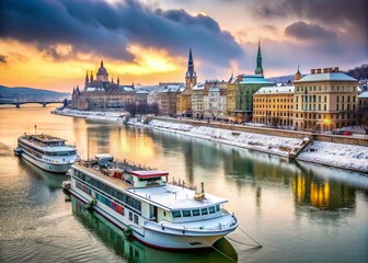 Obraz premium Winter Scene of the Danube River in Budapest with Cruise Boats Highlighting the Environmental Impact Amidst the Historical Architecture of Hungary's Capital on a Cold Day