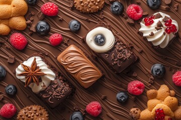 A background with sweets, cookies, flour, and pastries. Delicious food. Wallpaper with space for text.