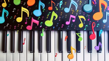 Vivid music notes floating above piano keys in a colorful artistic scene celebrating harmony and sound creativity