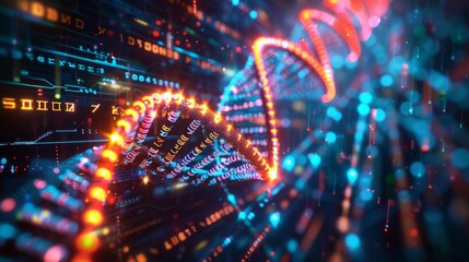 Futuristic DNA strand with glowing neon circuits and data particles symbolizing technology and biology integration