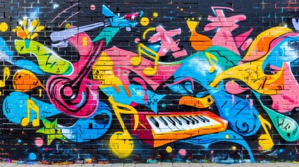 Obraz premium Bright urban graffiti mural with colorful music notes, instruments, and abstract patterns on a wall