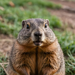 Closeup of a curious groundhog coming to look at the camera lens