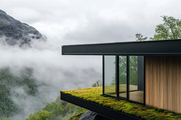 Fototapeta premium A modern house with large glass windows and wooden walls, perched on the edge of a mountain cliff overlooking misty clouds in Norway. The roof is covered in lush green moss.