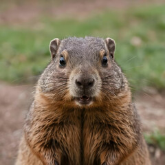 Closeup of a curious groundhog coming to look at the camera lens