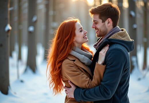 Loving Couple Embracing Outdoors in a Beautiful Snowy Winter Forest Scene