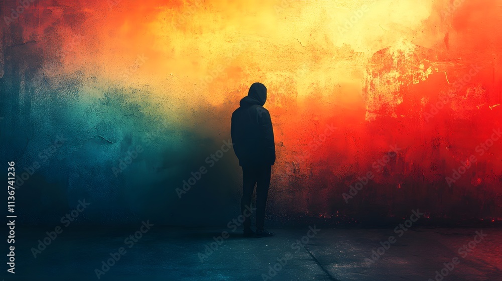 Poster solitary figure in shadow against vibrant gradient wall evoking emotion and reflection in an urban a