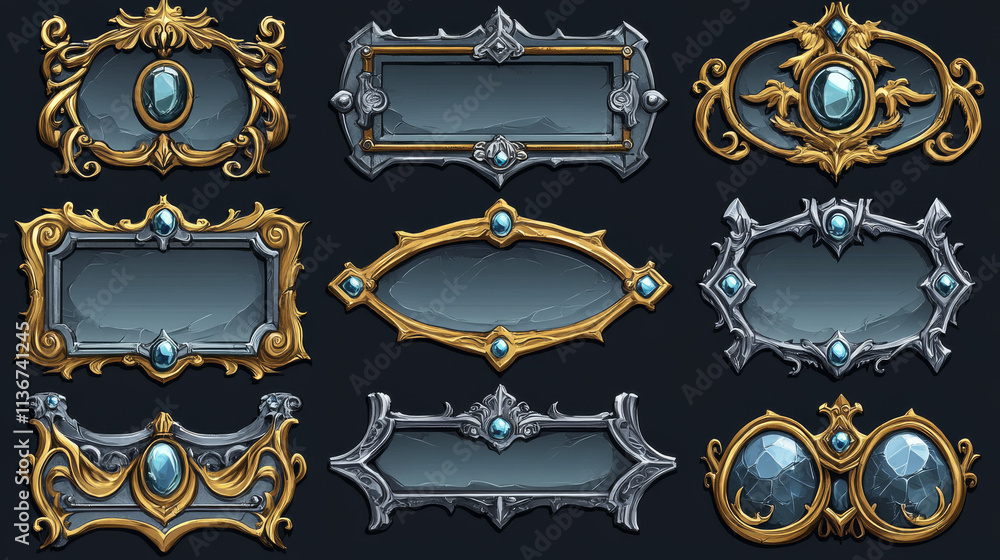 Poster empty circle silver and gold frames in medieval style for game ui design. vector cartoon set of user