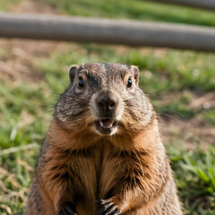 Closeup of a curious groundhog coming to look at the camera lens