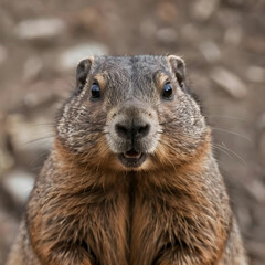 Closeup of a curious groundhog coming to look at the camera lens