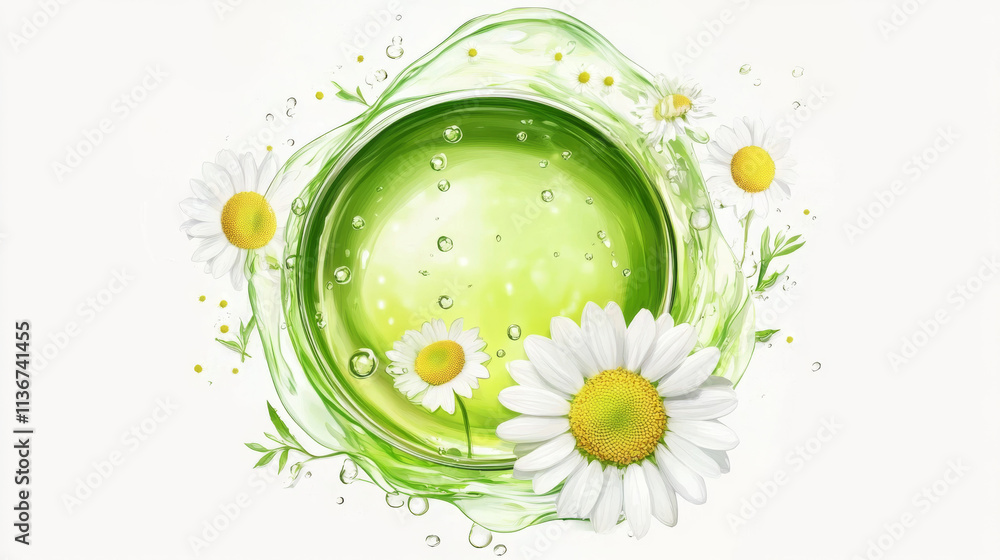 Poster circle splash of green tea with chamomile isolated on transparent background. vector realistic set o