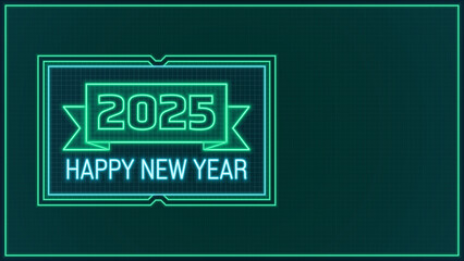 Naklejka premium New year 2025 green and blue banner, cyber neon visual, glowing effect vector.