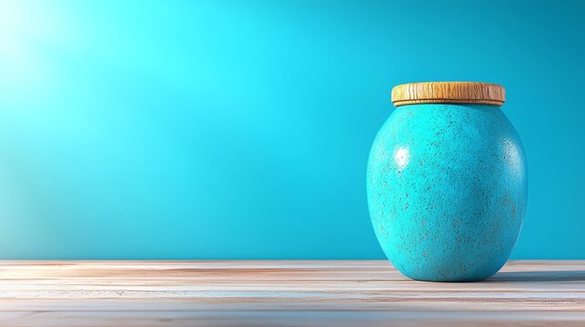A blue vase sitting on top of a wooden table