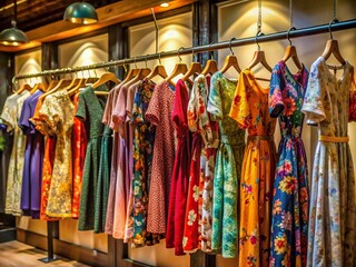 Women's Boutique Coat Rack Featuring Elegant Dresses in a Chic Store Setting with Soft Lighting and Inviting Atmosphere Perfect for Fashion Enthusiasts and Shoppers